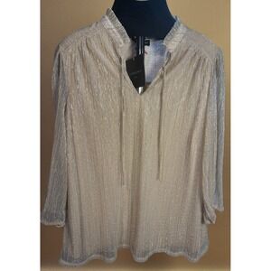 Cynthia Rowley Shimmer Gold V Neck Tie 3/4 Long Sleeve Pleated Blouse Top Sz 1X